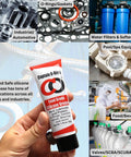 Hand holding Captain O-Ring Food Grade Silicone Lubricant For O Rings And Gaskets That Keeps Faucets Plumbing Pool Spa And Valves Running Smooth NSF H1 Certified 1.76 Oz in front of faucet.