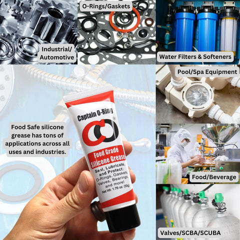Hand holding Captain O-Ring Food Grade Silicone Lubricant For O Rings And Gaskets That Keeps Faucets Plumbing Pool Spa And Valves Running Smooth NSF H1 Certified 1.76 Oz in front of faucet.