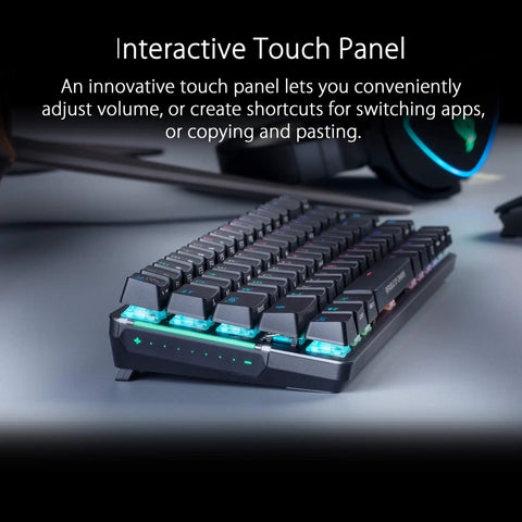 Compact 65 Percent Wireless Gaming Keyboard With Buttery Red Linear Switches And Fresh RGB Lighting Featuring A Sleek Touch Bar and interactive touch panel for easy volume control.