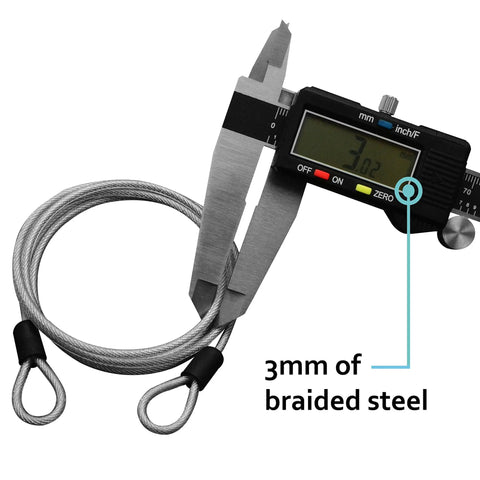 3mm Braided Steel Coated Security Cable For Luggage With Vinyl Cover Go-To Double Loop Wire 7 Foot Length Heavy Duty Travel Lock Cable Rust Resistant And Flexible Ideal For Bags Suitcases And Gear Security shown with caliper measuring 3mm diameter