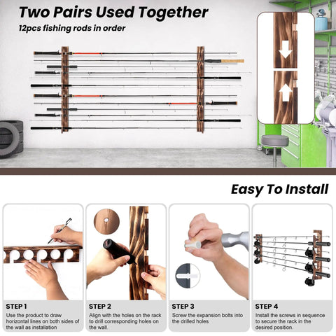 Six Rod Capacity Wooden Fishing Rod Holder Wall Or Ceiling Mount For Garage Boat Cabin Tackle Storage Durable Solid Wood Rack With Wide Openings To Fit All Rods And Reels Keeps Gear Neat And Ready installed on wall with fishing rods