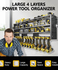49 Inch Wide Heavy Duty Power Tool Organizer Wall Mount, 4 Tier Drill And Tool Rack With 12 Drill Holders, installed on wall