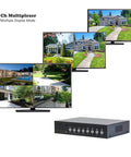 4 Channel CCTV Video Color Quad Multiplexer With Loopout Remote Control And Free 1 Amp Power Adapter Displaying Multiview Setup