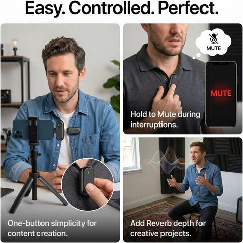 Wireless Mini Lapel Microphone For iPhone And Android, plug and play, no Bluetooth, mute, reverb, recording demo.