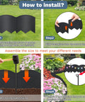 Installation guide for No Dig Garden Edging Kit 20 Ft Black Landscape Border with 20 Stakes, showing step-by-step setup in lawn.
