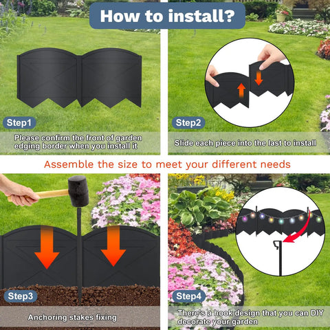 Installation guide for No Dig Garden Edging Kit 20 Ft Black Landscape Border with 20 Stakes, showing step-by-step setup in lawn.