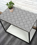 Tabletop covered with Black And White Peel And Stick Wallpaper With Geometric Chevron And Herringbone Pattern For Walls And Cabinets
