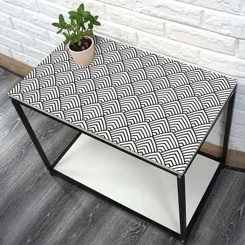 Tabletop covered with Black And White Peel And Stick Wallpaper With Geometric Chevron And Herringbone Pattern For Walls And Cabinets