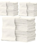 Stacks of white cotton shop towels, 14x12 inches, showing the 150-pack lint-free, non-scratch, reusable design.