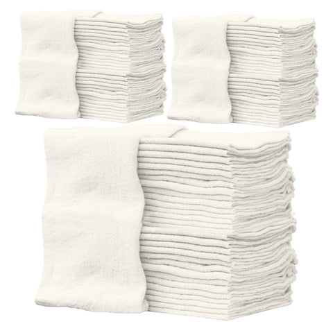 Stacks of white cotton shop towels, 14x12 inches, showing the 150-pack lint-free, non-scratch, reusable design.