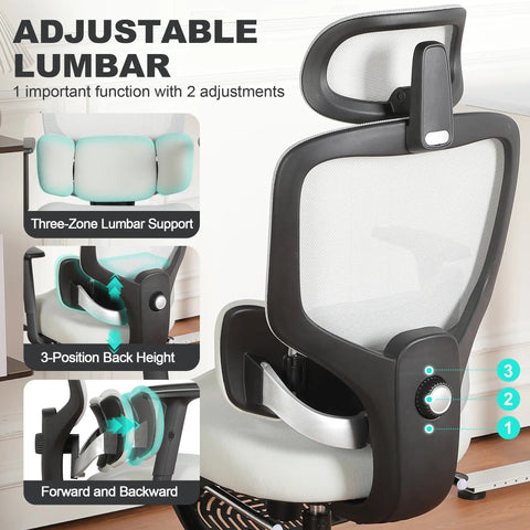Ergonomic Office Chair With Footrest And Mesh Back, Adjustable Headrest And Armrests, Dynamic Floating Wing Lumbar Support, High Back