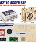 DIY FM Radio Kit For Beginners Build Your Own 88 To 108 MHz Radio Toy showing wooden parts and components, easy assembly instructions