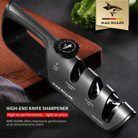 Six Position Adjustable Heavy Duty Knife Sharpener With Coarse And Fine Slots Handheld Manual Sharpening Tool shown on dark surface