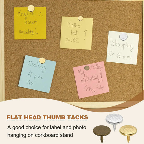 Super Solid Bronze Flat Head Upholstery Thumb Tacks For Walls And Wood Furniture 100 Pack Of Heavy Duty Push Pin Nails used on a corkboard with notes.