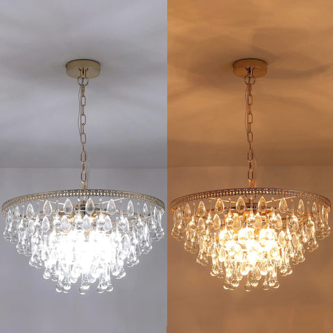 Gold Crystal Raindrop Chandelier Pendant Light For Dining And Living Rooms, shown in bright and warm lighting