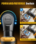 Cordless Three Eighth Inch Ratchet Wrench Packing Eighty Eight Foot Pounds Of Real Deal Power Running Smooth At Five Hundred Rpm Forward/reverse switch for tightening and loosening bolts.