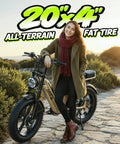 Adult with All Terrain Fat Tire Electric Bike For Adults With 1500W Peak Motor, 20x4 tires, step through frame in nature.