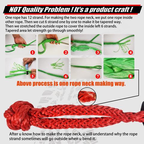 How to create rope neck process with 12-strand rope showing step-by-step 1 to 8 visuals for soft shackles.