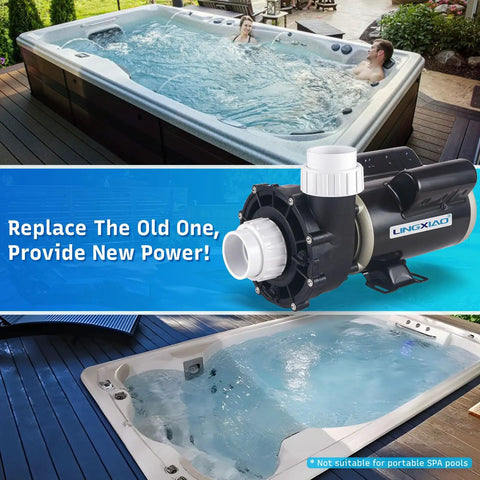 Heavy Duty 2.5Hp Hot Tub Spa Pump With 2 Speed Motor And 2Inch Port For 230V Systems, shown with hot tub setup and water.