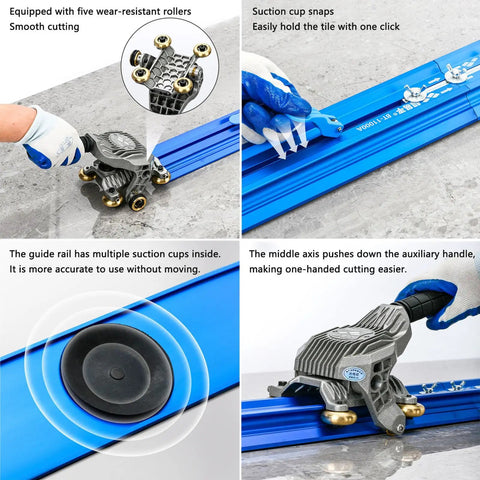 Pro-Grade Tile Cutter Tool For Ceramic And Porcelain Tiles, Heavy-Duty, showing suction cup and roller guide details