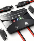 10 Amp MPPT Solar Charge Controller For 12V Systems IP68 Waterproof With LCD Display Perfect For Gel AGM Lead Acid And LiFePO4 Batteries Great For RVs Or Rigs Boats Campers Vans Trucks Trailers Panels Up To 130W, black device with connectors.
