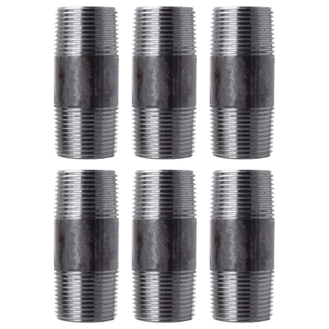 Six-pack of 1in x 3in black steel pipes with pre-cut connectors for DIY furniture and industrial decor projects. Fits standard iron fittings.