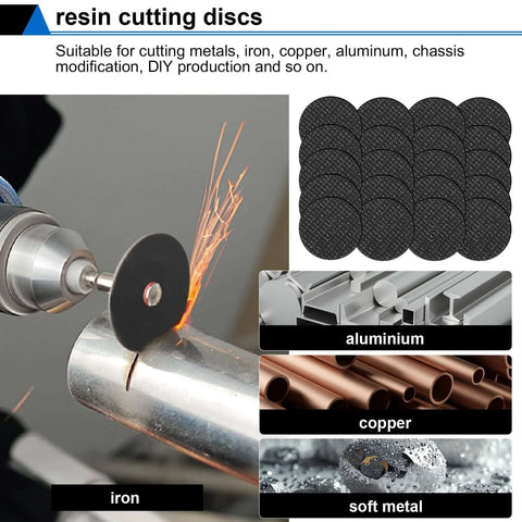 Cutting wheel kit with 45 resin discs for rotary tools and 6 mandrels; includes metal, wood, and stone cutting discs