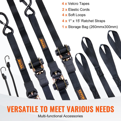 Heavy Duty Ratchet Tie Down Straps 1 Inch By 15 Feet 4 Pack With Padded Handles Coated S Hooks Soft Loop on display