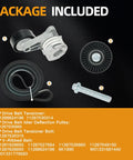 Serpentine Belt Tensioner Kit With Idler Pulley And Drive Belt For BMW 3.0L L6 2006 To 2013 Fits 128i 325i 325xi 328xi 330i 330xi X3 X5 Includes Tensioner Bolt Deflection Pulley And Premium V Ribbed Belt All In One Package components displayed on black background