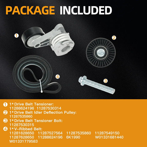 Serpentine Belt Tensioner Kit With Idler Pulley And Drive Belt For BMW 3.0L L6 2006 To 2013 Fits 128i 325i 325xi 328xi 330i 330xi X3 X5 Includes Tensioner Bolt Deflection Pulley And Premium V Ribbed Belt All In One Package components displayed on black background