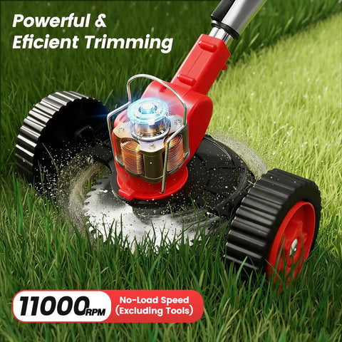 Close-up of 24V Cordless Weed Wacker With Three In One Trimmer Edger And Brush Cutter showing wheels and cutting mechanism in grass.