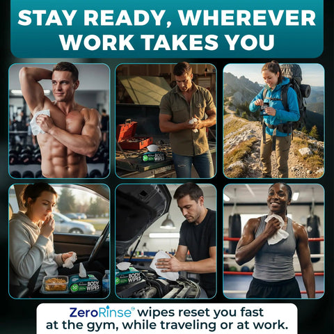 Body Wipes For Men After Gym No Rinse Shower Sheets Full Body Cleanse 50 XL Wipes Plus 4 Travel Sachets in various use settings