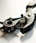 Close-up of Leather Hole Punch Kit With Easy Squeeze Lever Rotating Punch Wheel German Made Pro Grade Handheld Leather Tool