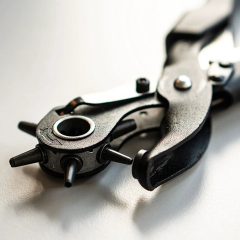 Close-up of Leather Hole Punch Kit With Easy Squeeze Lever Rotating Punch Wheel German Made Pro Grade Handheld Leather Tool