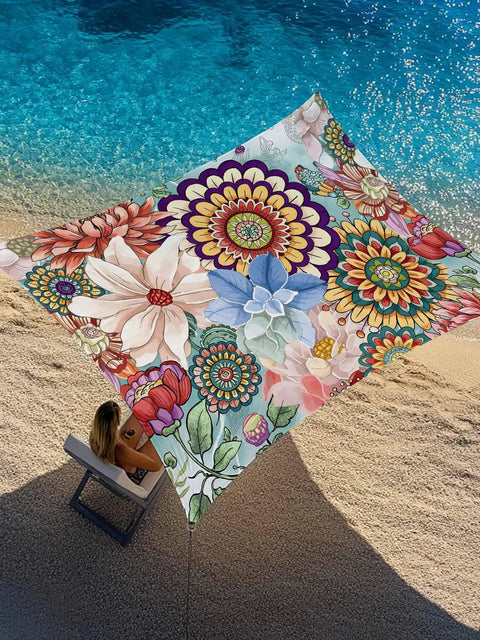 Boho Floral 8x10 Ft Sun Shade Sail Canopy Patio Ready Backyard Friendly Garden Deck Porch Outdoor Shade Cloth Waterproof UV Block With Sturdy Seams And Tear Resistant Construction over beach with person underneath.