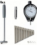 Dial bore gauge set with self-centering dial indicator, 2–6 in range and steel rods.
