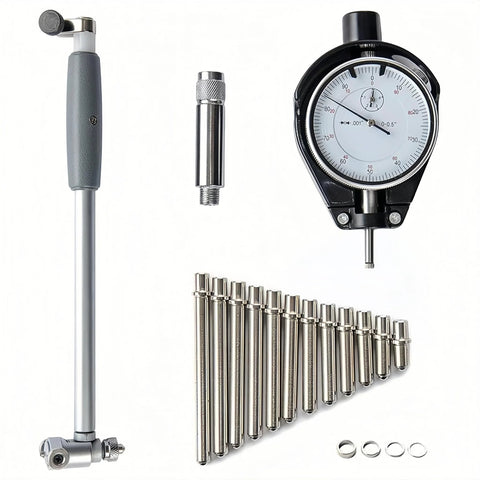 Dial bore gauge set with self-centering dial indicator, 2–6 in range and steel rods.
