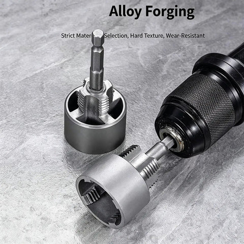 Heavy Duty Internal External Pipe Threader Die Set With Electric Drill Compatibility For 1/2 And 3/4 Inch Copper Stainless Steel Plumbing Jobs Fast Quick Threading Tool For Pros And DIYers, showing alloy construction.