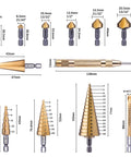 12 Piece HSS Titanium Drill Bit Set With Metric Step Drills 5 9 14 Steps And Cone Drill 4 12 20 32 MM Countersink Bits 6 Sizes Quarter Inch Hex Shank Pro Grade Multi Drill Saw And Automatic Center Punch In Durable Storage Case showing various drill bits and sizes
