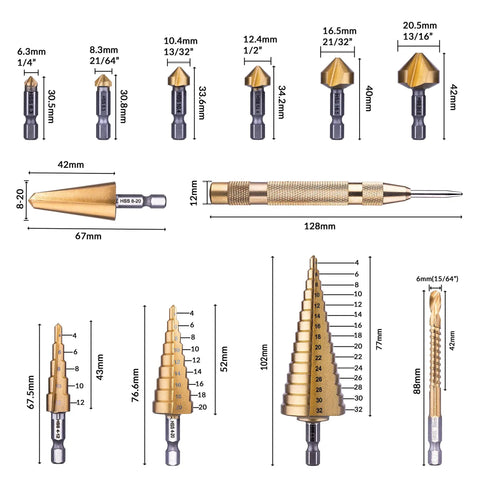 12 Piece HSS Titanium Drill Bit Set With Metric Step Drills 5 9 14 Steps And Cone Drill 4 12 20 32 MM Countersink Bits 6 Sizes Quarter Inch Hex Shank Pro Grade Multi Drill Saw And Automatic Center Punch In Durable Storage Case showing various drill bits and sizes