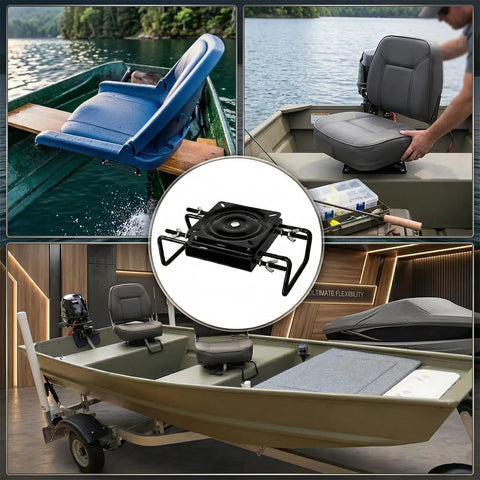 Marine Grade Clamp On Boat Seat Swivel Mount Kit Featuring Tight Grip For Bench Style Bass Fishing Skiff And Kayak Vessels Snappy No Drill Setup Beefy Steel Build in use on a fishing boat.