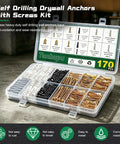 Heavy Duty Drywall Anchors And Screws Kit Delivers Killer Grip With 170 Piece Assortment in black and gold plastic organizer.