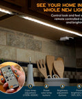 Under Cabinet LED Light Kit For Kitchen With Motion Sensor 3 Light Strips illuminating countertop, remote shown