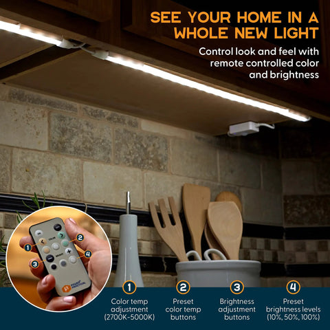 Under Cabinet LED Light Kit For Kitchen With 6 Light Strips Power Supply Motion Sensor Mounting Brackets And Manual showing remote control and illumination.