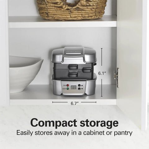 Hamilton Beach Sandwich Stacker Toaster Oven Grilling Machine in cabinet, compact size 6.7" x 6.1" for easy storage.