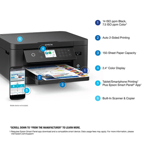 Expression Home XP 5200 Wireless All In One Printer With Scan Copy Auto 2 Sided Printing Borderless Photo Printing 150 Sheet Tray 2.4 Inch Display Black For Home Office Use, showing front view with display and paper tray.