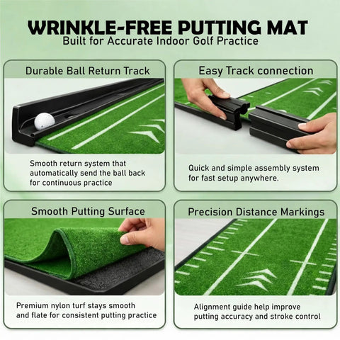 Indoor Putting Green With Auto Ball Return Wrinkle Free Golf Mat Non Slip Surface And Alignment Markings setup demonstration