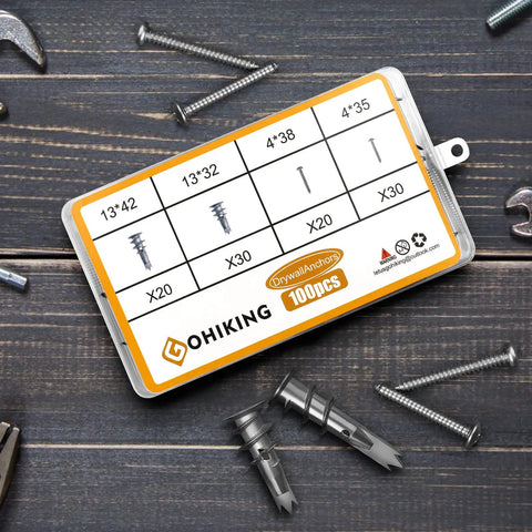 100 Pcs Zinc Self Drilling Drywall Anchors With 8 Stainless Steel Screws Kit, storage case and scattered anchors on wood surface