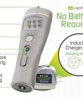 Eco I Lite 4 In 1 Rechargeable Emergency Flashlight Kit with induction charger base and labeled features, focus on no batteries needed.
