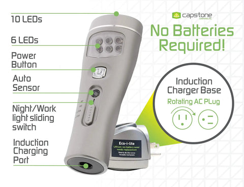 Eco I Lite 4 In 1 Rechargeable Emergency Flashlight Kit with induction charger base and labeled features, focus on no batteries needed.